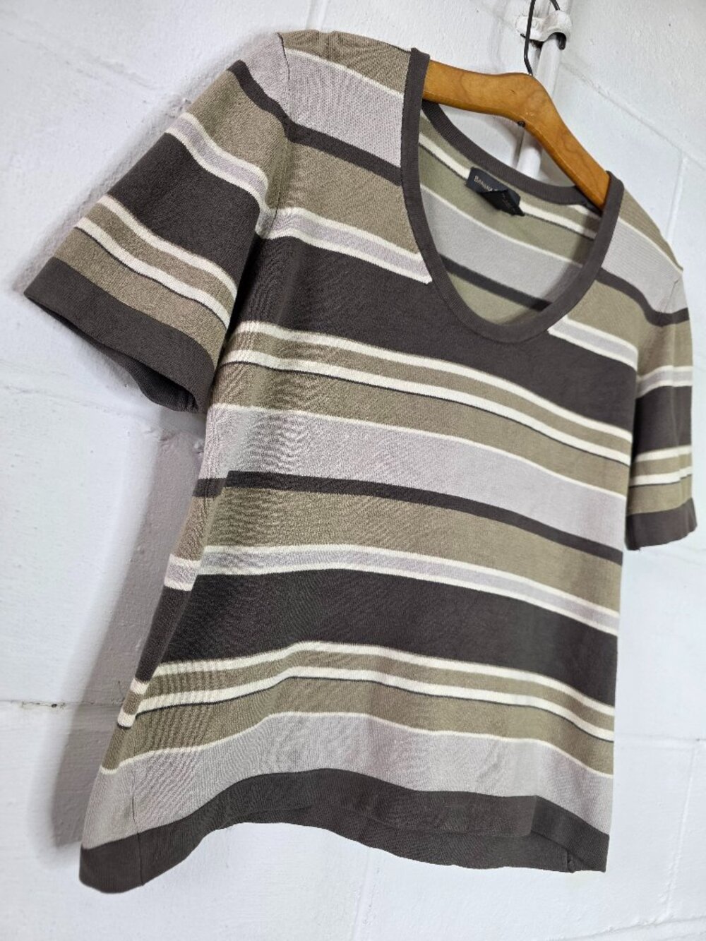 Vintage Latte Girl Office Siren Preppy 100% Silk Brown, Cream, White Striped Tee